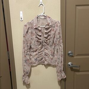 Ruched Floral Tie-Front Blouse - Light Pink